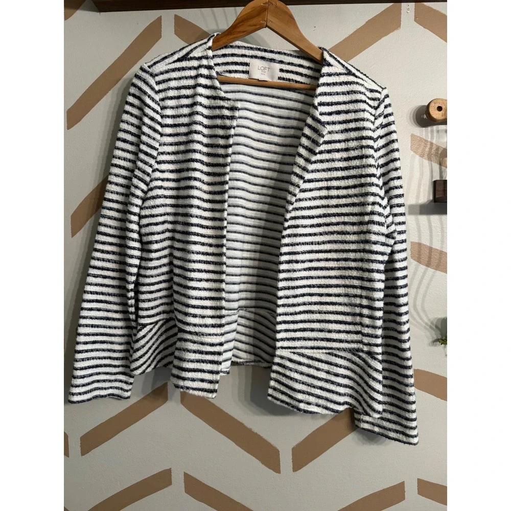 LOFT Sweater Blazer Womens MP White Navy Blue Stripe Peplum Knit Cardigan